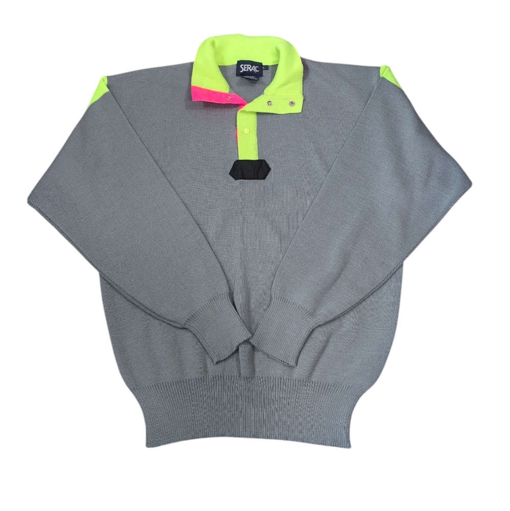 Serac Vintage Pullover Sweater, Wool Blend Ski, Neon Accents, Unisex Large